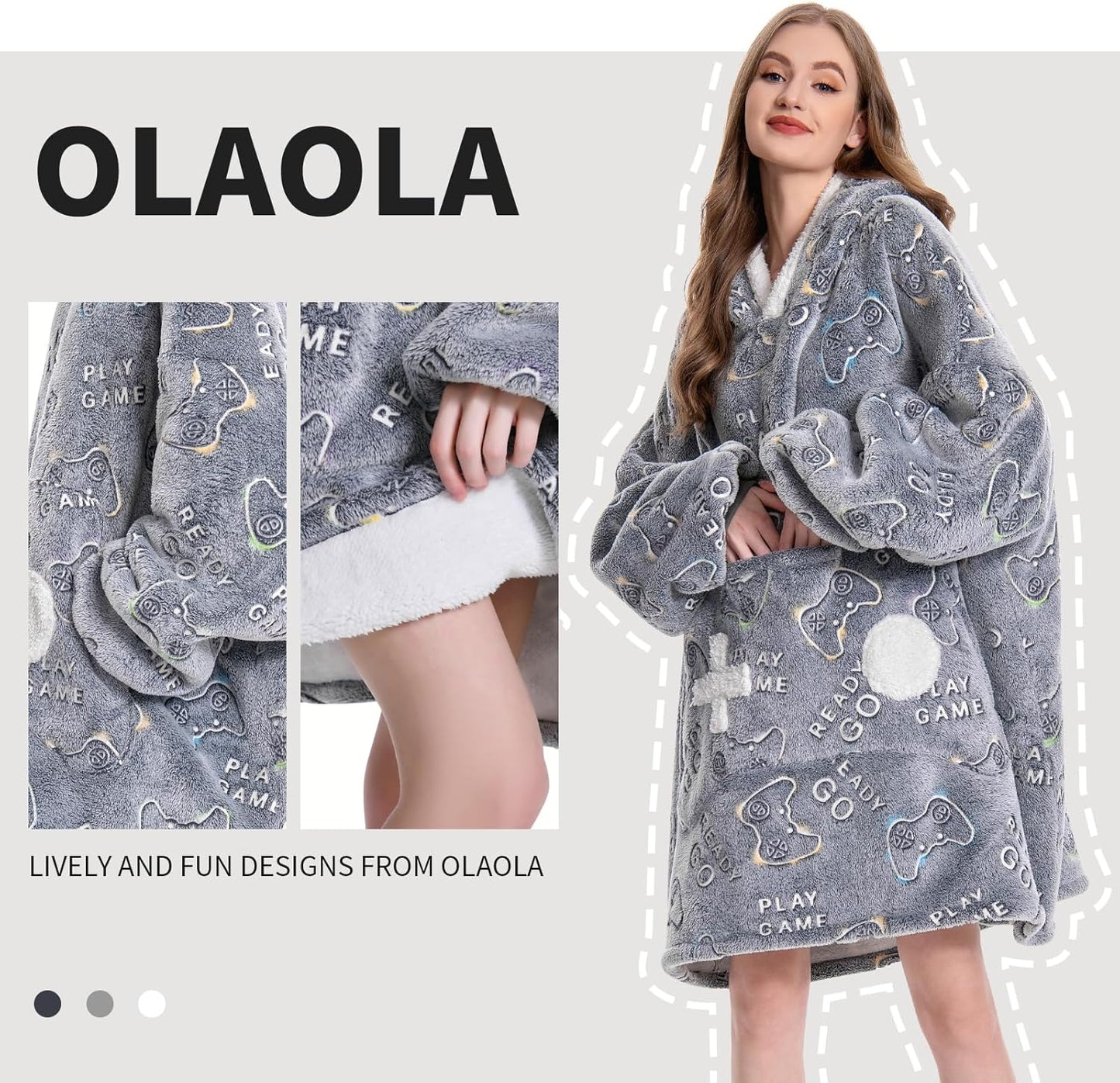 OLAOLA Unisex Adult Kids Plush Game Controller Wearable Blanket Extra Long Hoodie Warm Home One-Piece Sleepwear