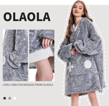 OLAOLA Unisex Adult Kids Plush Game Controller Wearable Blanket Extra Long Hoodie Warm Home One-Piece Sleepwear