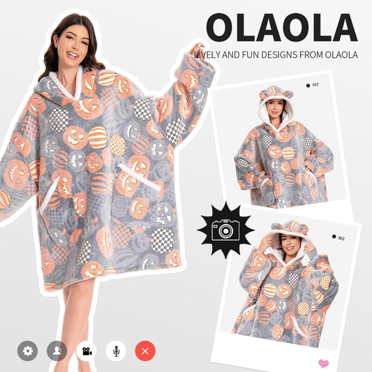 OLAOLA Unisex Adult Kids Plush Pumpkin Wearable Blanket Hoodie Warm Home One-Piece Sleepwear