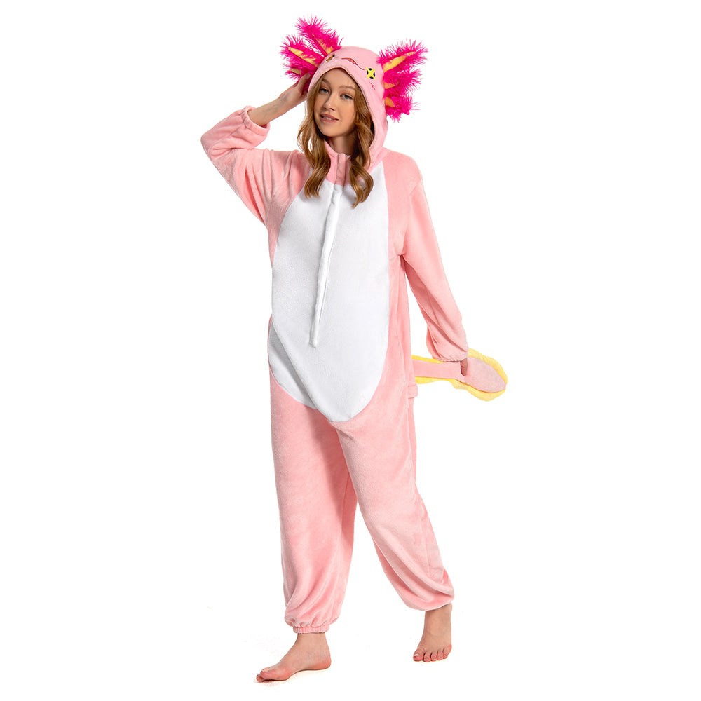 OLAOLA Unisex Adult Pink Axolotl Animal Onesie Plush Soft Flannel Warm Home Pajamas One-Piece Sleepwear