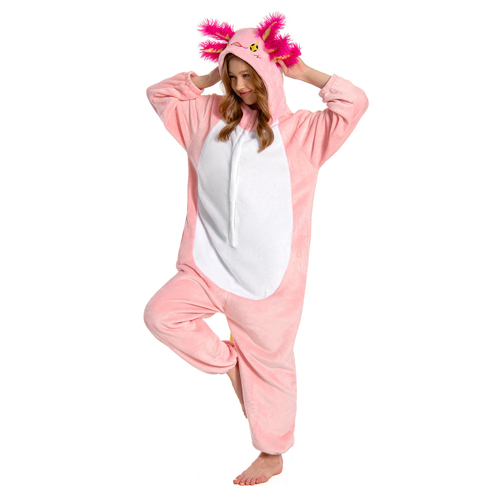 OLAOLA Unisex Adult Pink Axolotl Animal Onesie Plush Soft Flannel Warm Home Pajamas One-Piece Sleepwear