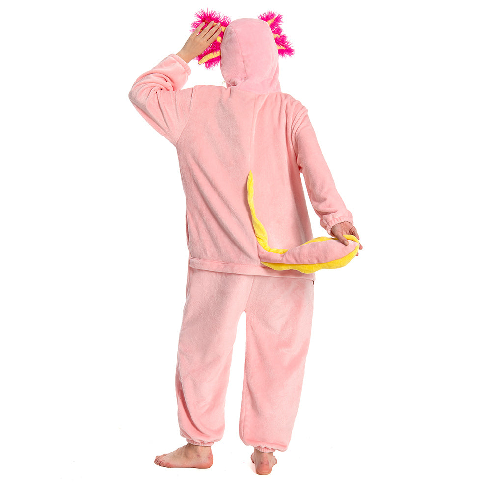 OLAOLA Unisex Adult Pink Axolotl Animal Onesie Plush Soft Flannel Warm Home Pajamas One-Piece Sleepwear