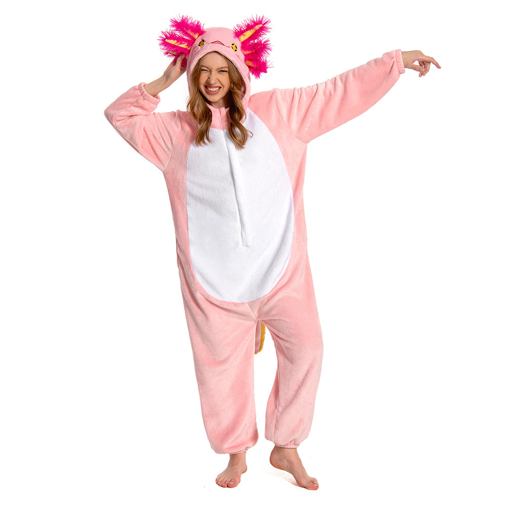 OLAOLA Unisex Adult Pink Axolotl Animal Onesie Plush Soft Flannel Warm Home Pajamas One-Piece Sleepwear