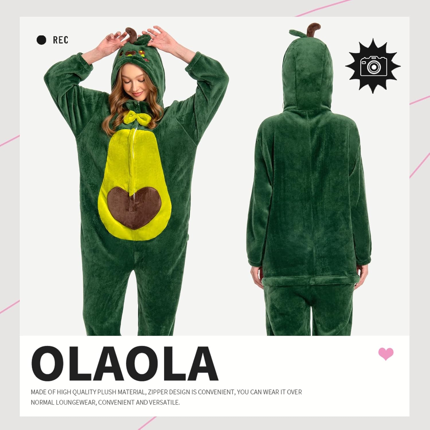 OLAOLA Unisex Adult Plush Avocado Food Onesie Pajamas Warm Home One-Piece Sleepwear