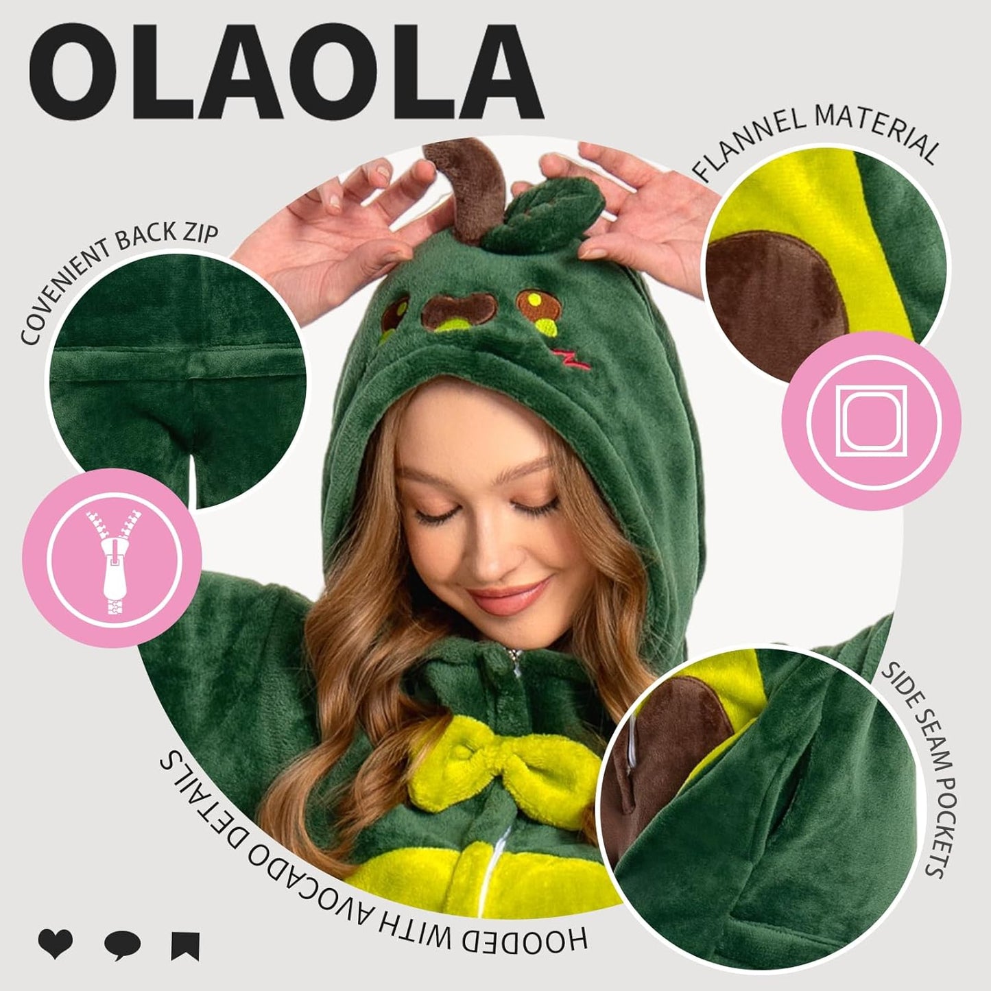 OLAOLA Unisex Adult Plush Avocado Food Onesie Pajamas Warm Home One-Piece Sleepwear