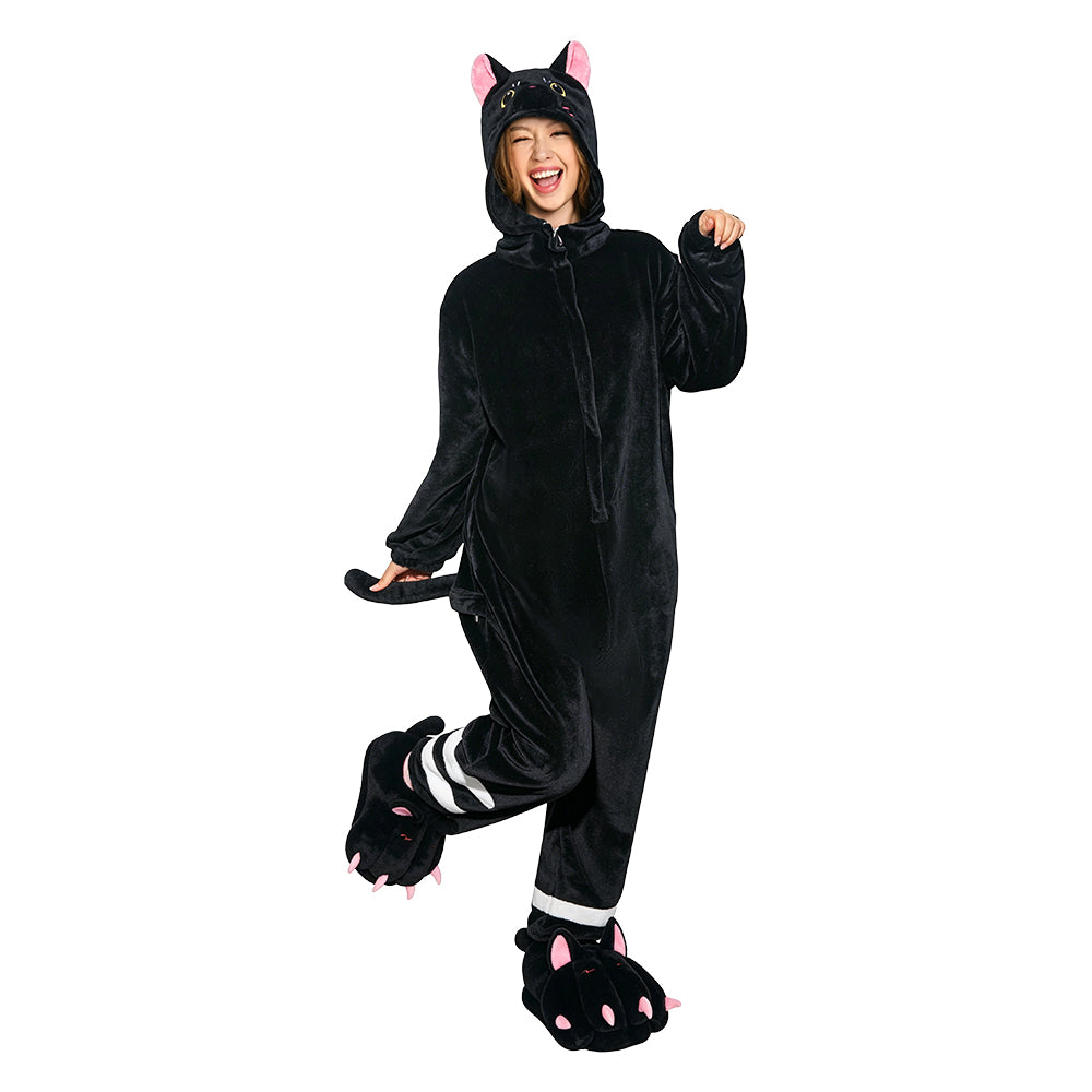 OLAOLA Unisex Adult Plush Black Cat Animals Onesie Pajamas Warm Home Pet One-Piece Sleepwear