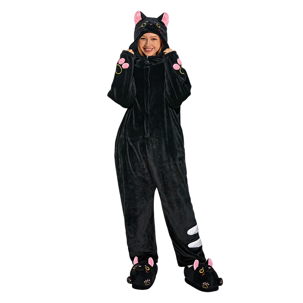 OLAOLA Unisex Adult Plush Black Cat Animals Onesie Pajamas Warm Home Pet One-Piece Sleepwear