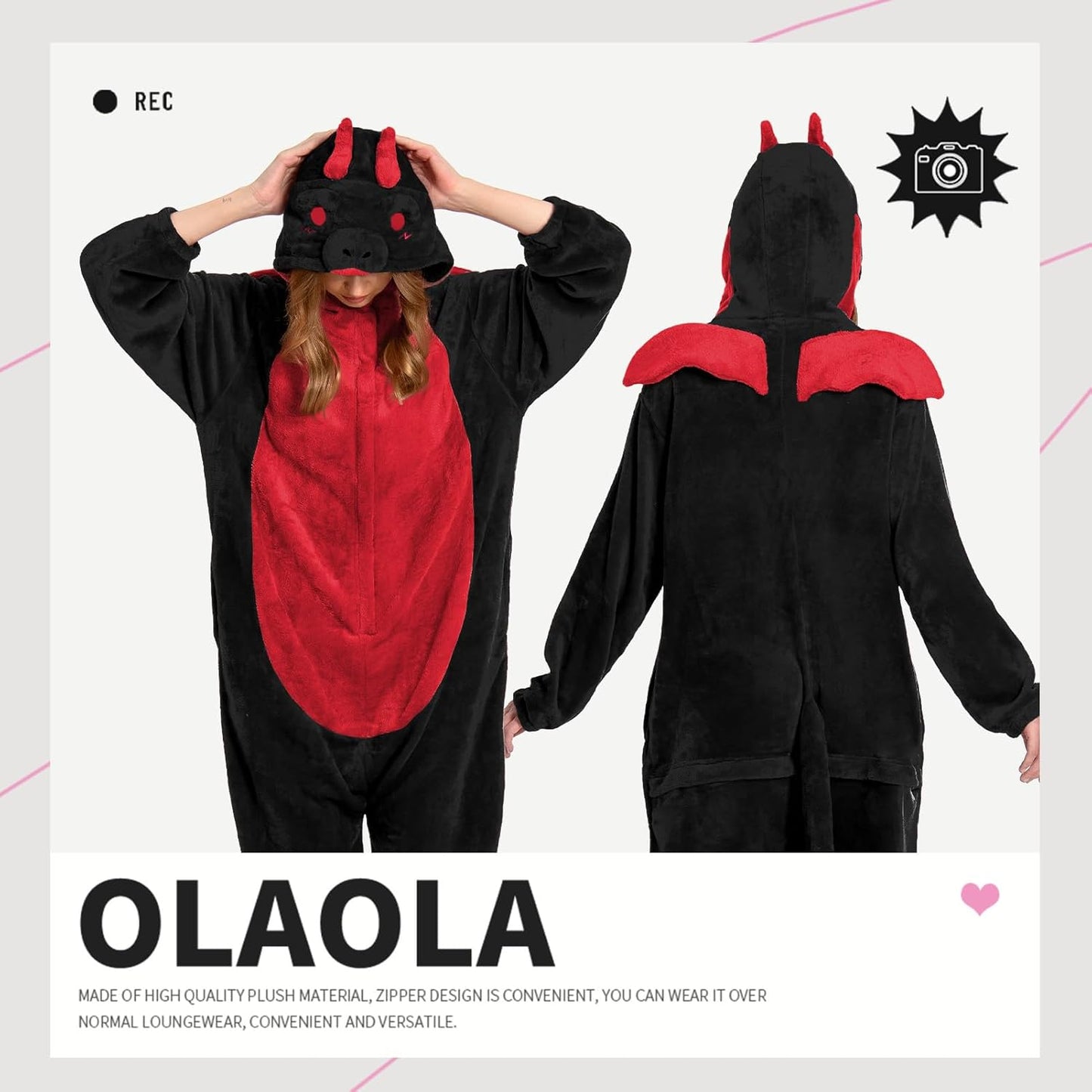 OLAOLA Unisex Adult Plush Black Dragon Animals Onesie Pajamas Warm Home One-Piece Sleepwear