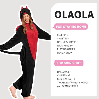 OLAOLA Unisex Adult Plush Black Dragon Animals Onesie Pajamas Warm Home One-Piece Sleepwear