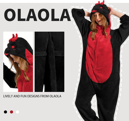 OLAOLA Unisex Adult Plush Black Dragon Animals Onesie Pajamas Warm Home One-Piece Sleepwear
