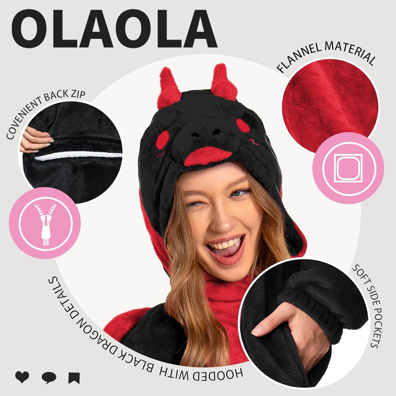 OLAOLA Unisex Adult Plush Black Dragon Animals Onesie Pajamas Warm Home One-Piece Sleepwear