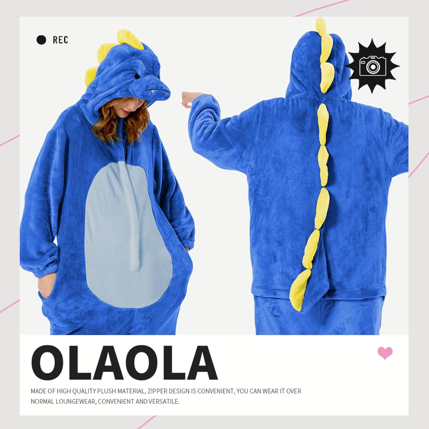 OLAOLA Unisex Adult Plush Blue Dinosaur Animals Onesie Pajamas Warm Home One-Piece Sleepwear