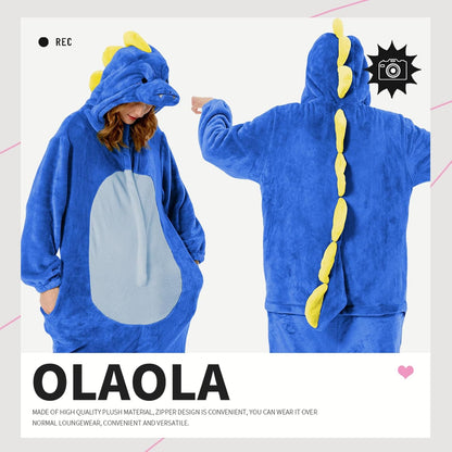 OLAOLA Unisex Adult Plush Blue Dinosaur Animals Onesie Pajamas Warm Home One-Piece Sleepwear