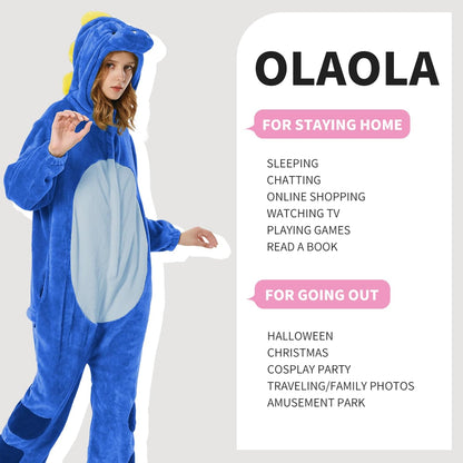 OLAOLA Unisex Adult Plush Blue Dinosaur Animals Onesie Pajamas Warm Home One-Piece Sleepwear
