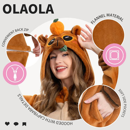 OLAOLA Unisex Adult Plush Capybara Animals Onesie Pajamas Warm Home One-Piece Pijamas Sleepwear