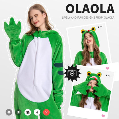 OLAOLA Unisex Adult Plush Frog Animals Onesie Pajamas Warm Home One-Piece Sleepwear