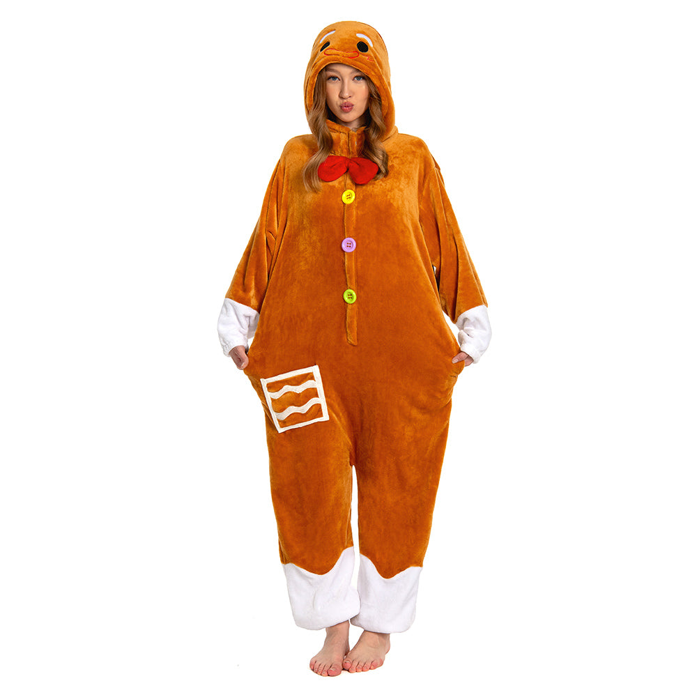 OLAOLA Unisex Adult Plush Gingerbread Onesie Christmas Pajamas Warm Home One-Piece Sleepwear