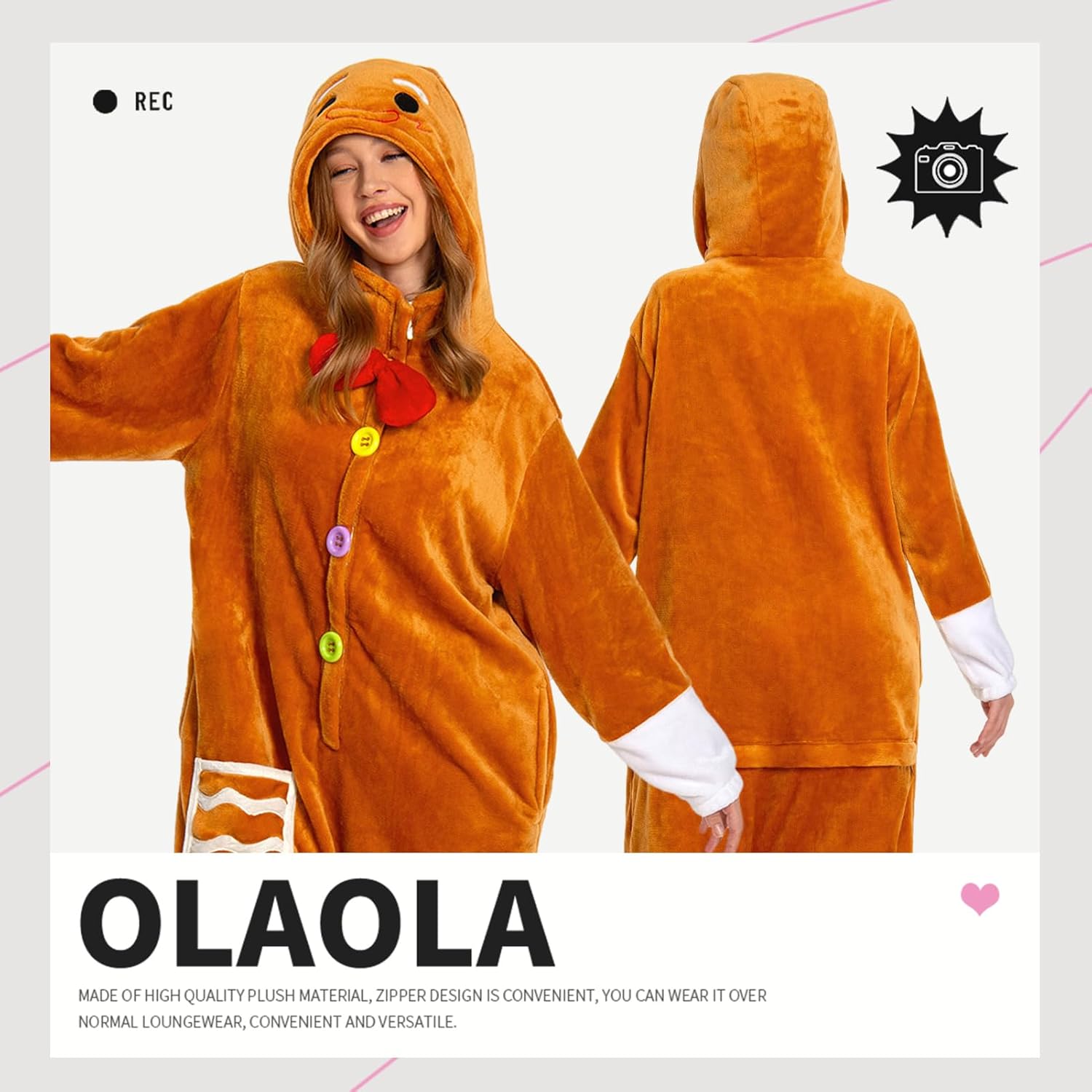 OLAOLA Unisex Adult Plush Gingerbread Onesie Christmas Pajamas Warm Home One-Piece Sleepwear