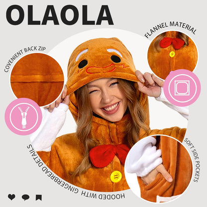 OLAOLA Unisex Adult Plush Gingerbread Onesie Christmas Pajamas Warm Home One-Piece Sleepwear 