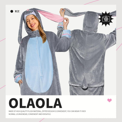 OLAOLA Unisex Adult Plush Gray Bunny Animals Onesie Pajamas Warm Easter Rabbit Homewear One-Piece Sleepwear