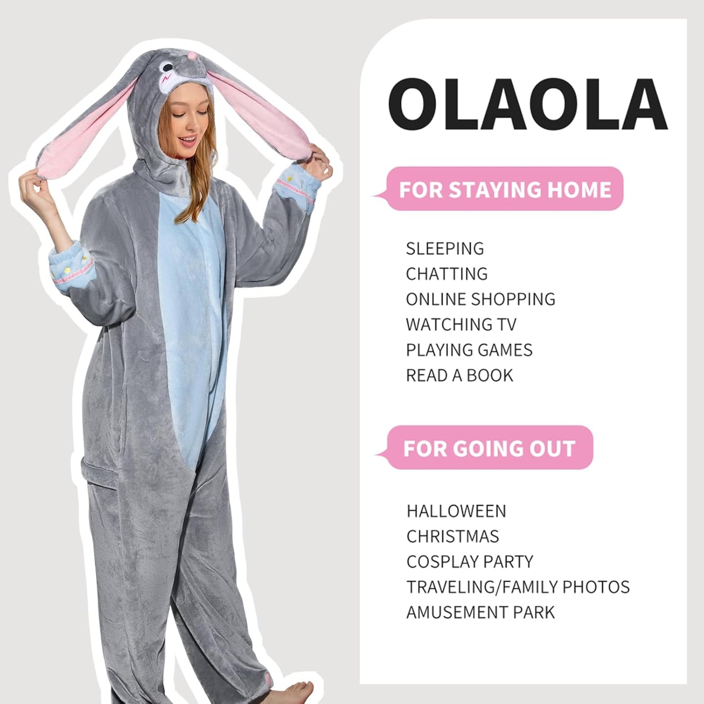 OLAOLA Unisex Adult Plush Gray Bunny Animals Onesie Pajamas Warm Easter Rabbit Homewear One-Piece Sleepwear