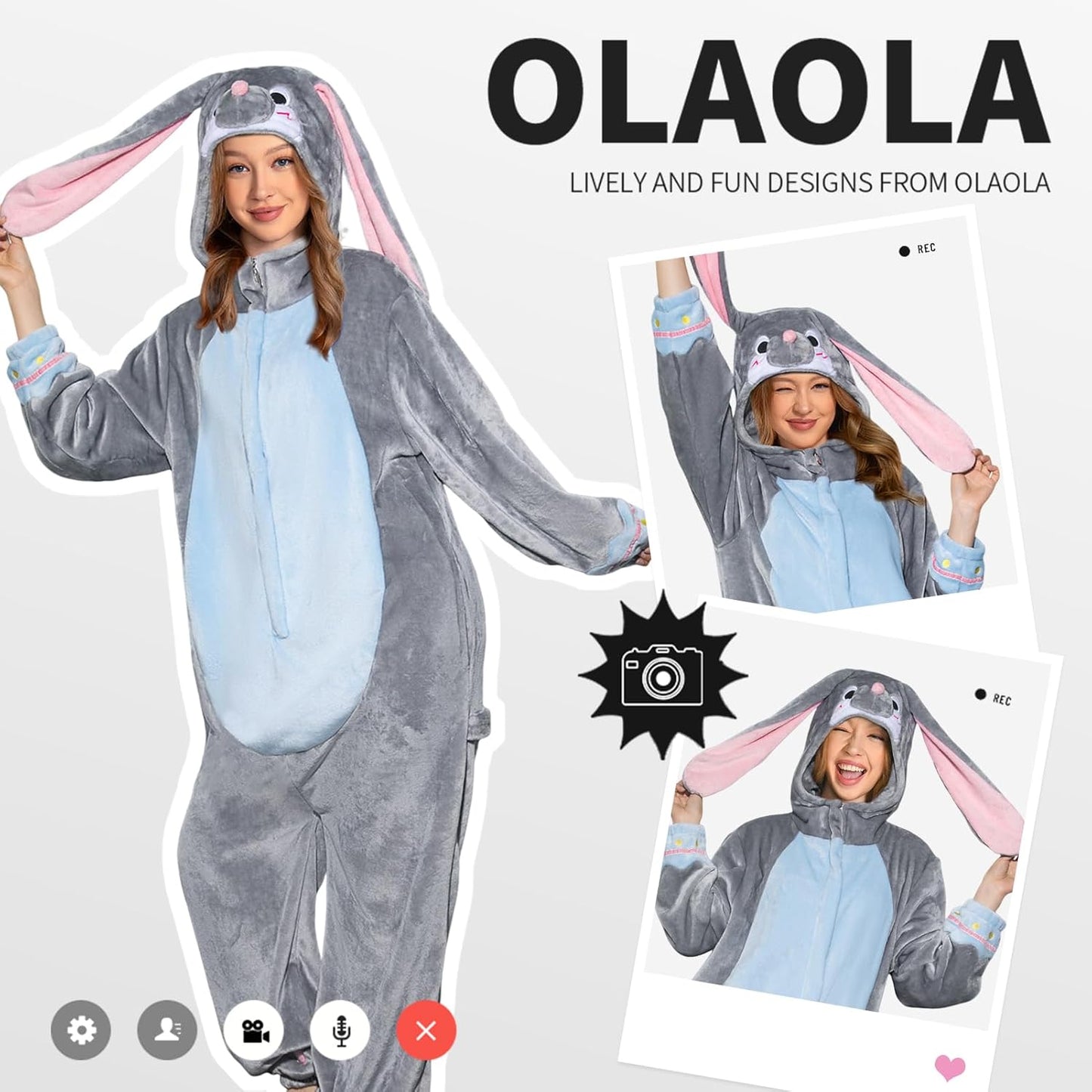 OLAOLA Unisex Adult Plush Gray Bunny Animals Onesie Pajamas Warm Easter Rabbit Homewear One-Piece Sleepwear