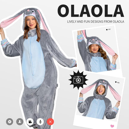 OLAOLA Unisex Adult Plush Gray Bunny Animals Onesie Pajamas Warm Easter Rabbit Homewear One-Piece Sleepwear
