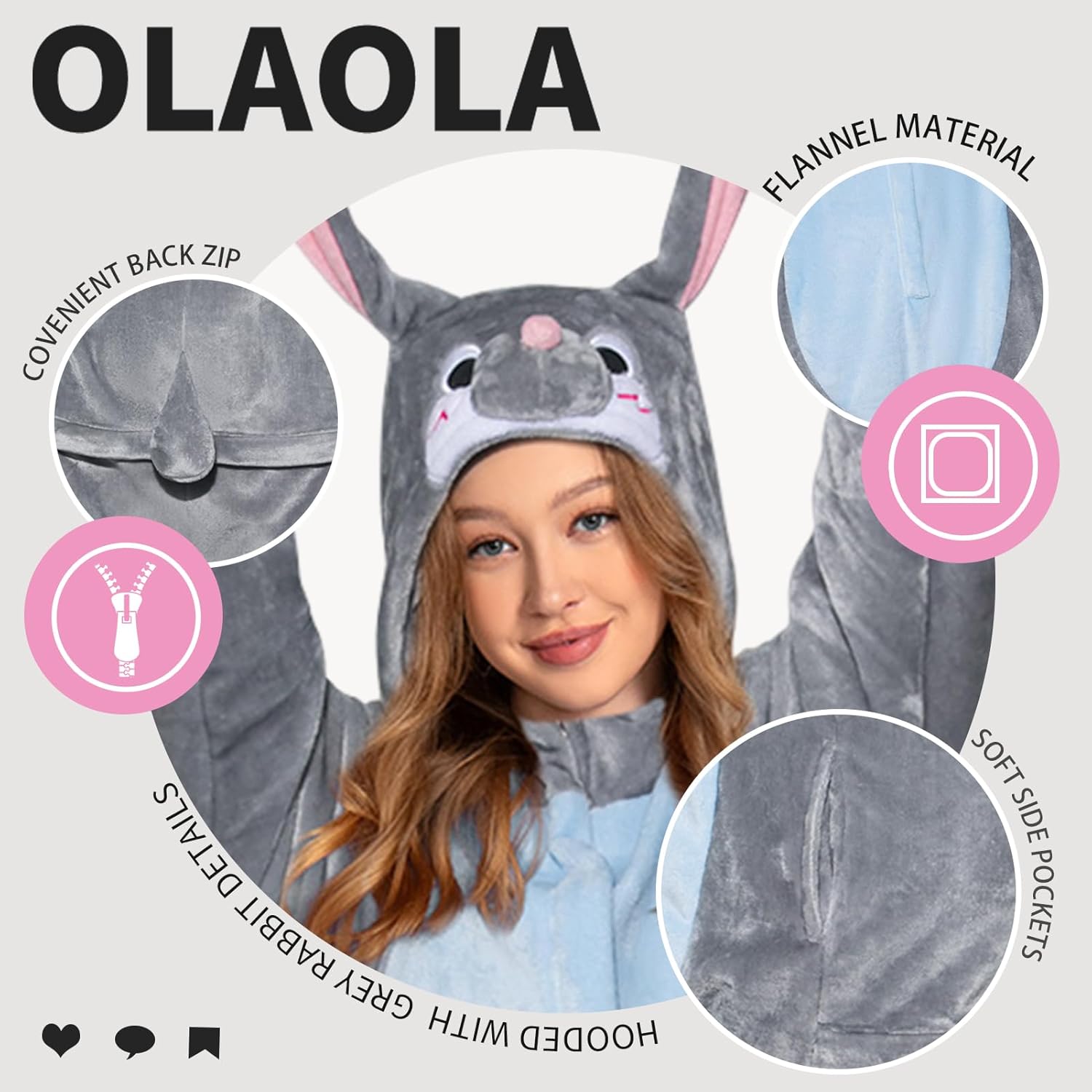 OLAOLA Unisex Adult Plush Gray Bunny Animals Onesie Pajamas Warm Easter Rabbit Homewear One-Piece Sleepwear