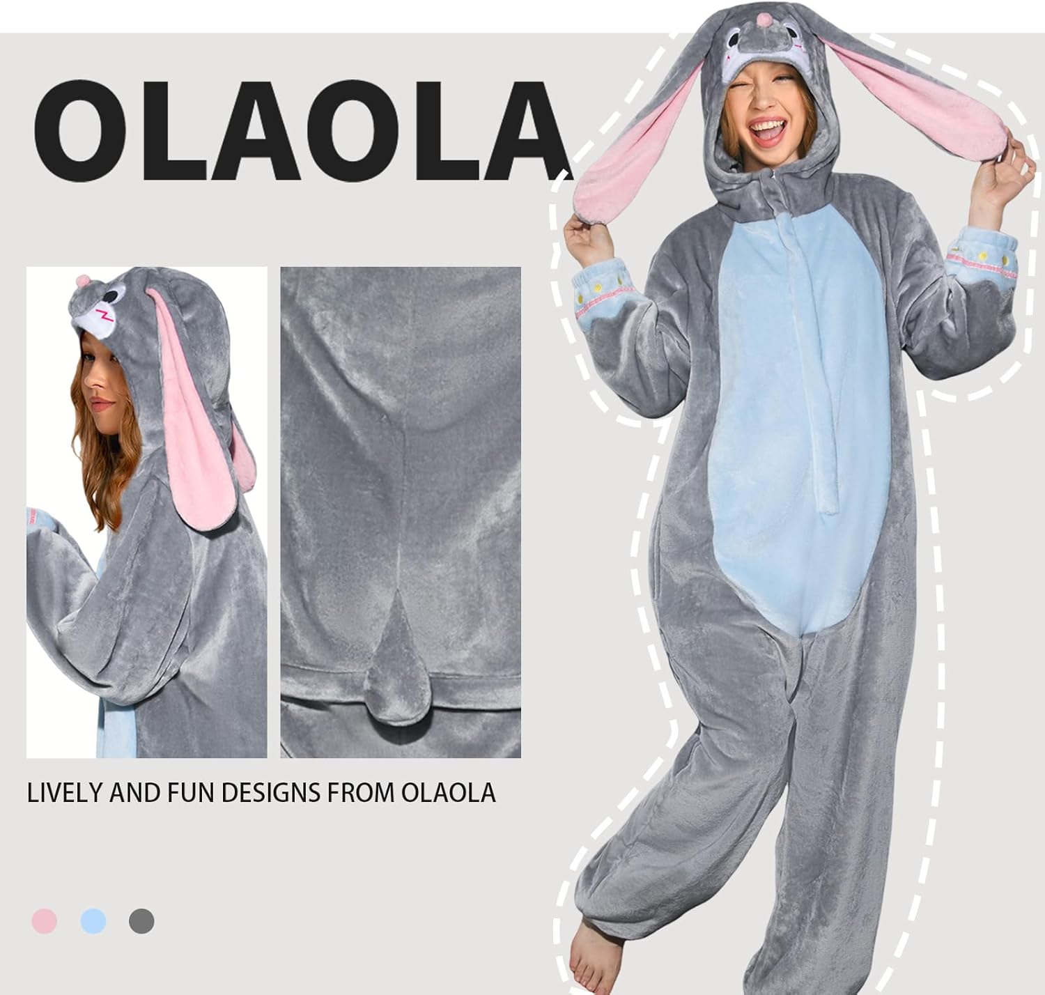 OLAOLA Unisex Adult Plush Gray Bunny Animals Onesie Pajamas Warm Easter Rabbit Homewear One-Piece Sleepwear