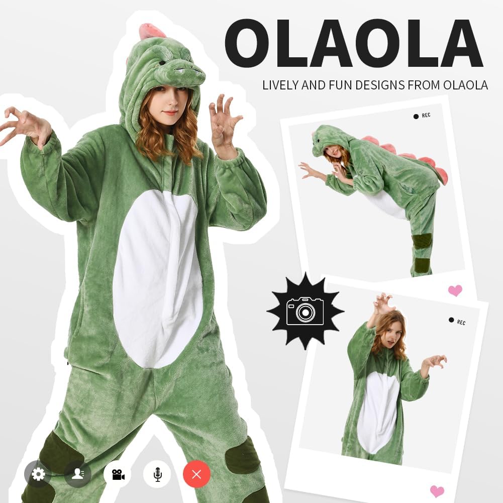 OLAOLA Unisex Adult Plush Green Dinosaur Animals Onesie Pajamas Warm H