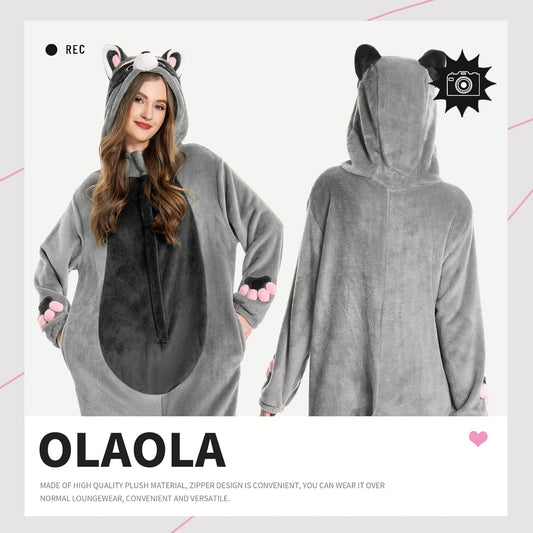 OLAOLA Unisex Adult Plush Light Gray Raccoon Animals Onesie Pajamas Warm Home One-Piece Sleepwear