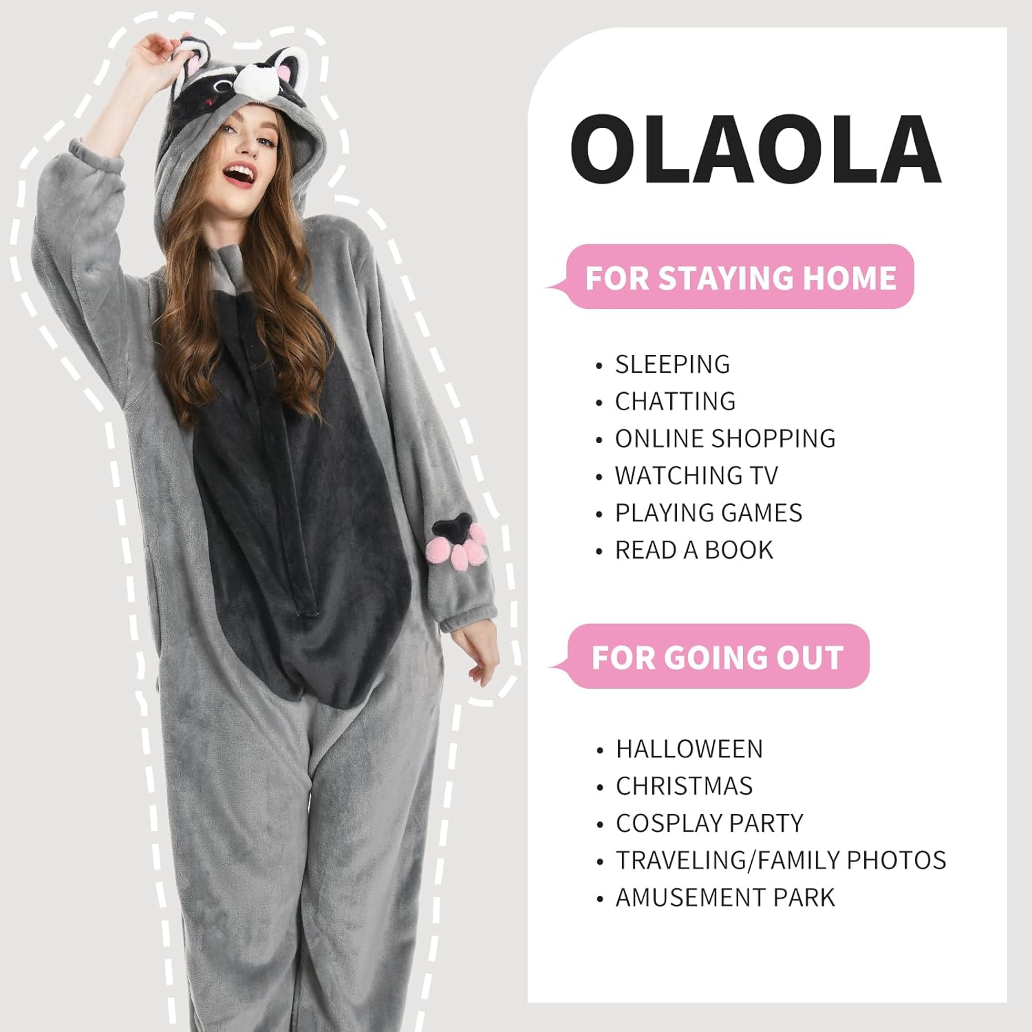 OLAOLA Unisex Adult Plush Light Gray Raccoon Animals Onesie Pajamas Warm Home One-Piece Sleepwear
