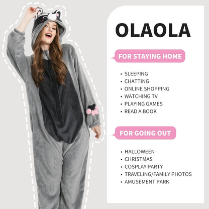 OLAOLA Unisex Adult Plush Light Gray Raccoon Animals Onesie Pajamas Warm Home One-Piece Sleepwear