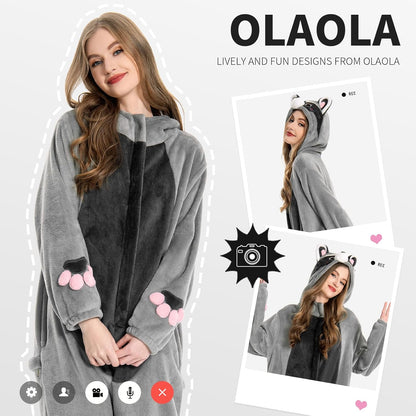 OLAOLA Unisex Adult Plush Light Gray Raccoon Animals Onesie Pajamas Warm Home One-Piece Sleepwear