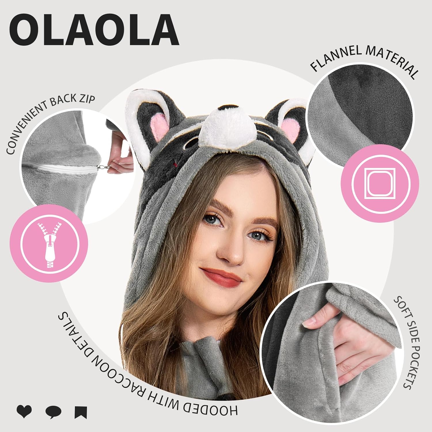 OLAOLA Unisex Adult Plush Light Gray Raccoon Animals Onesie Pajamas Warm Home One-Piece Sleepwear