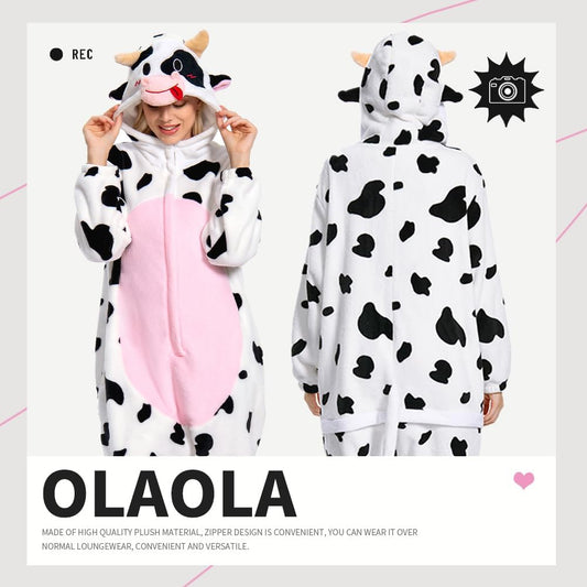 OLAOLA Unisex Adult Plush Pink Cow Animals Onesie Pajamas Warm Home One-Piece Sleepwear