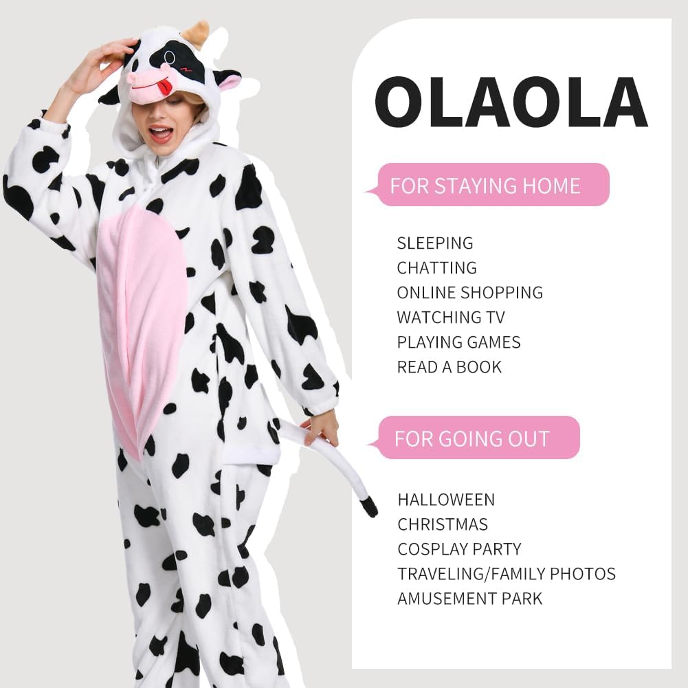 OLAOLA Unisex Adult Plush Pink Cow Animals Onesie Pajamas Warm Home One-Piece Sleepwear