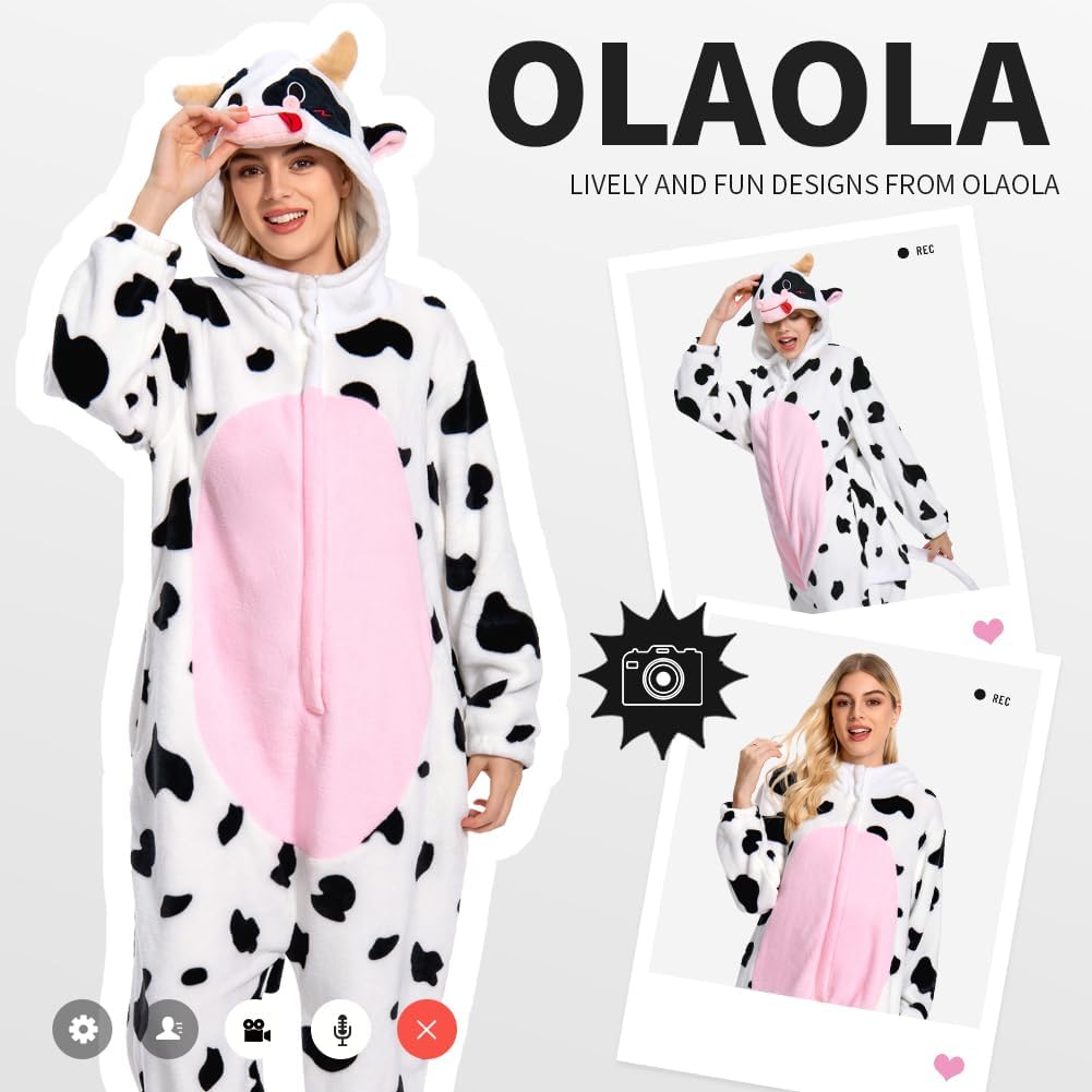 OLAOLA Unisex Adult Plush Pink Cow Animals Onesie Pajamas Warm Home One-Piece Sleepwear