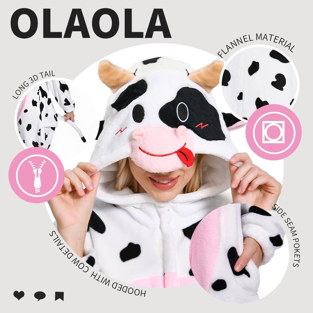 OLAOLA Unisex Adult Plush Pink Cow Animals Onesie Pajamas Warm Home One-Piece Sleepwear