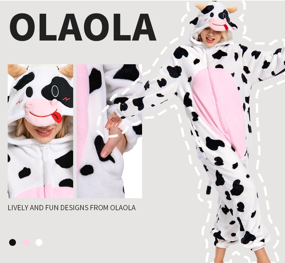 OLAOLA Unisex Adult Plush Pink Cow Animals Onesie Pajamas Warm Home One-Piece Sleepwear