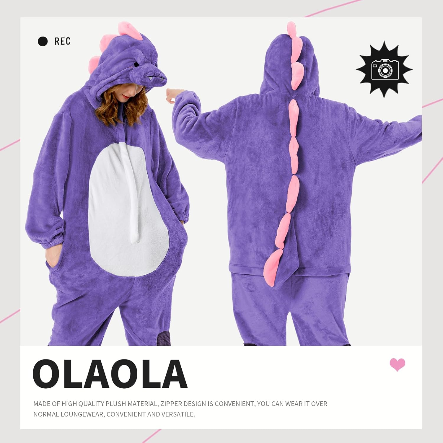 OLAOLA Unisex Adult Plush Purple Dinosaur Animals Onesie Pajamas Warm Home One-Piece Sleepwear