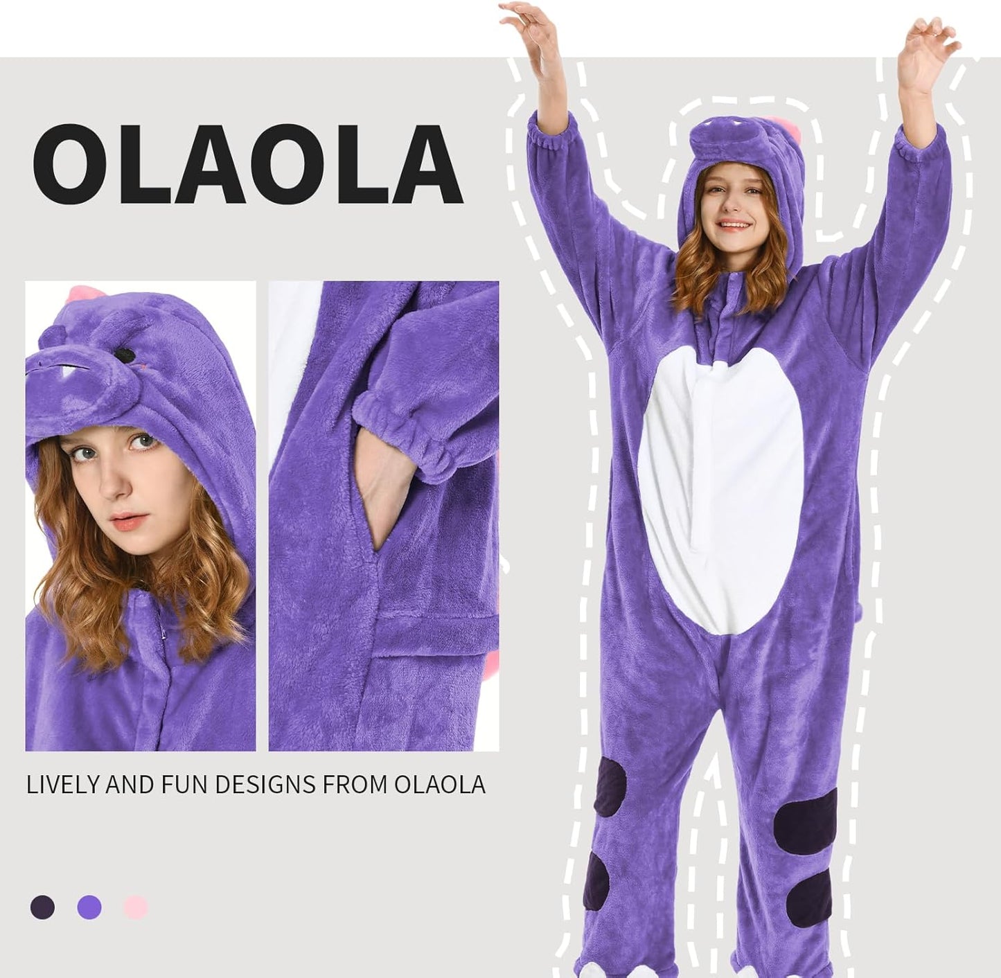 OLAOLA Unisex Adult Plush Purple Dinosaur Animals Onesie Pajamas Warm Home One-Piece Sleepwear