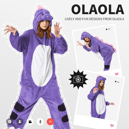 OLAOLA Unisex Adult Plush Purple Dinosaur Animals Onesie Pajamas Warm Home One-Piece Sleepwear
