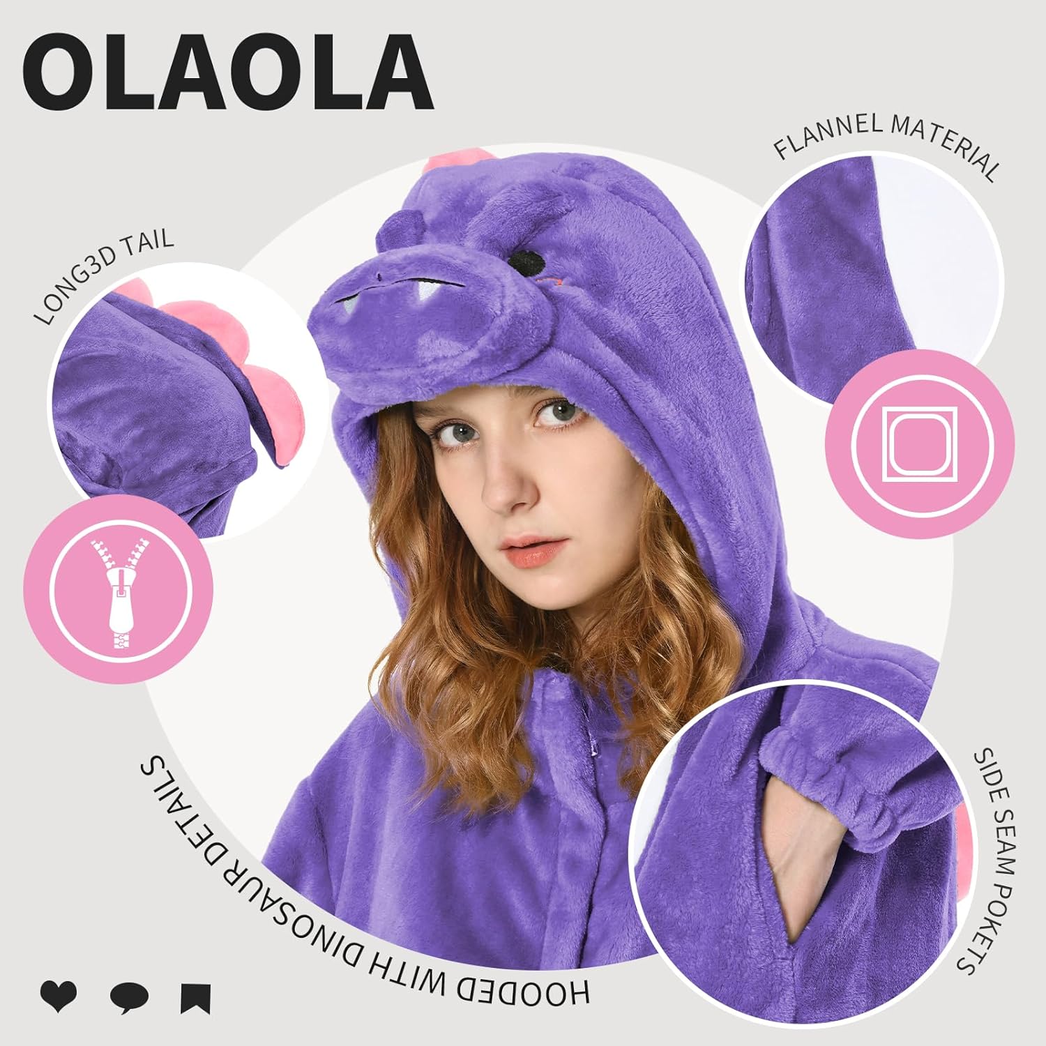 OLAOLA Unisex Adult Plush Purple Dinosaur Animals Onesie Pajamas Warm Home One-Piece Sleepwear
