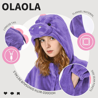 OLAOLA Unisex Adult Plush Purple Dinosaur Animals Onesie Pajamas Warm Home One-Piece Sleepwear