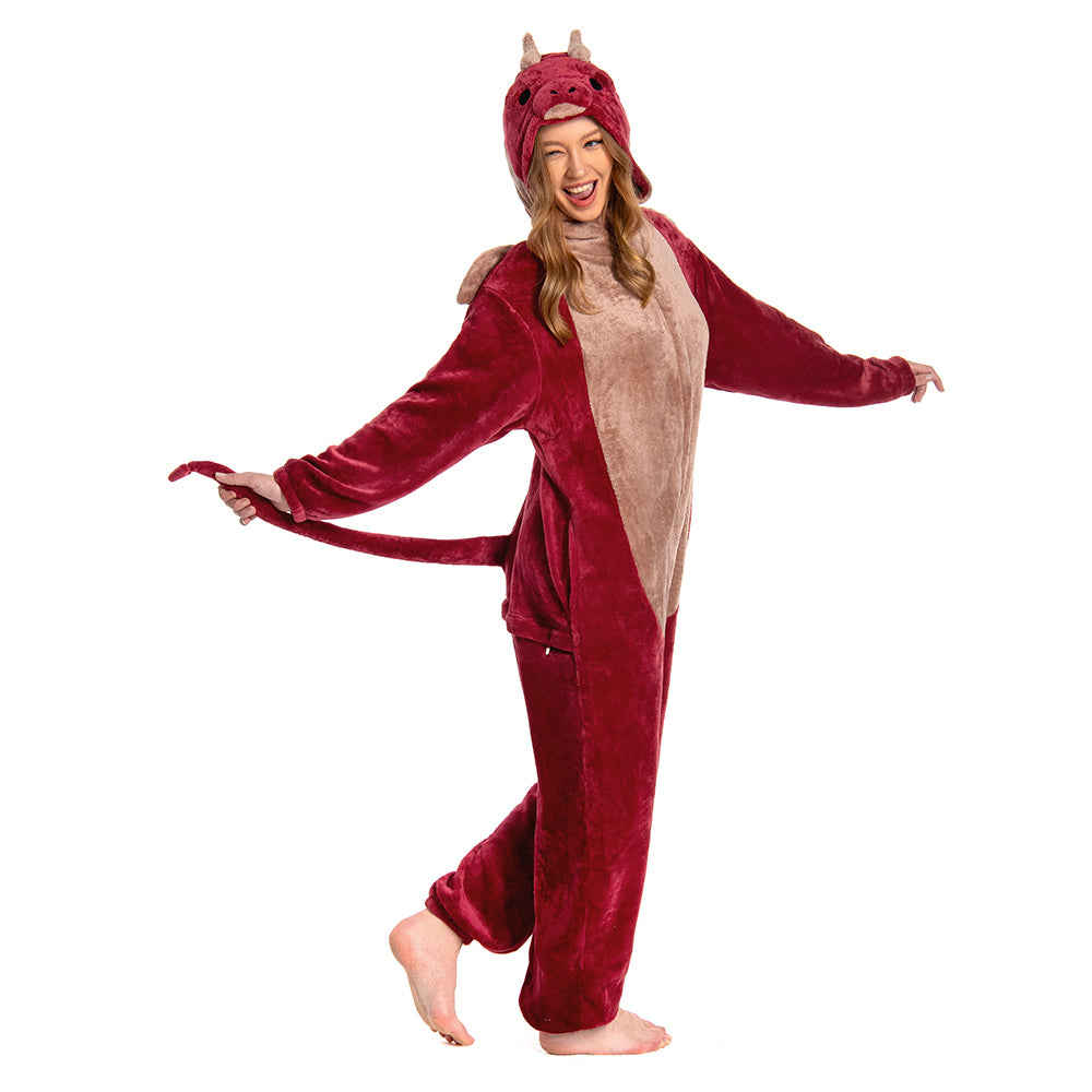 OLAOLA Unisex Adult Plush Red Dragon Animals Onesie Pajamas Warm Home One-Piece Sleepwear
