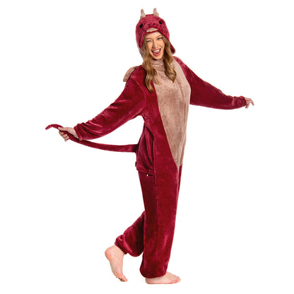 OLAOLA Unisex Adult Plush Red Dragon Animals Onesie Pajamas Warm Home One-Piece Sleepwear