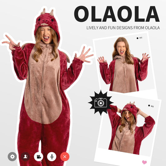 OLAOLA Unisex Adult Plush Red Dragon Animals Onesie Pajamas Warm Home One-Piece Sleepwear