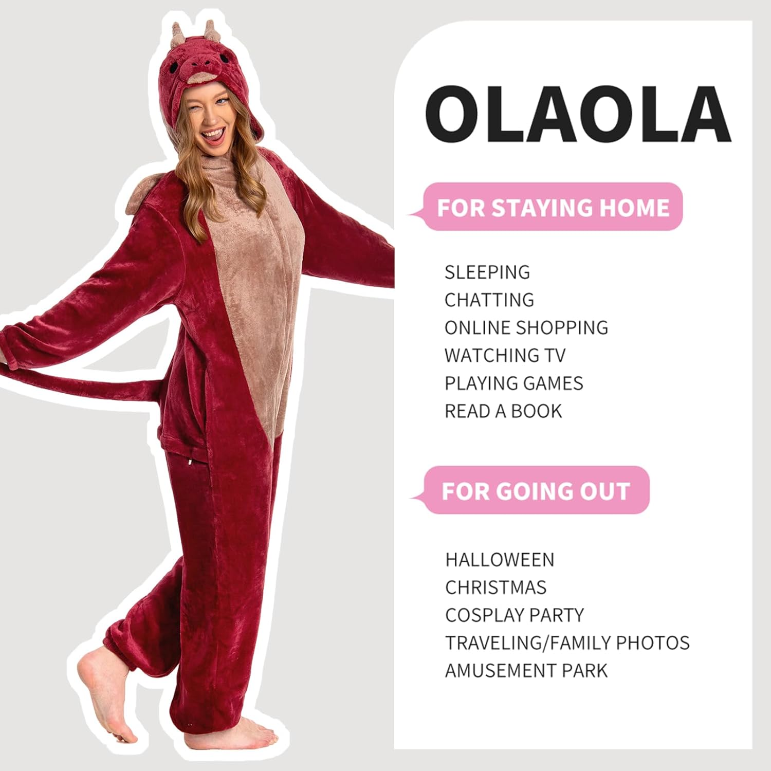 OLAOLA Unisex Adult Plush Red Dragon Animals Onesie Pajamas Warm Home One-Piece Sleepwear