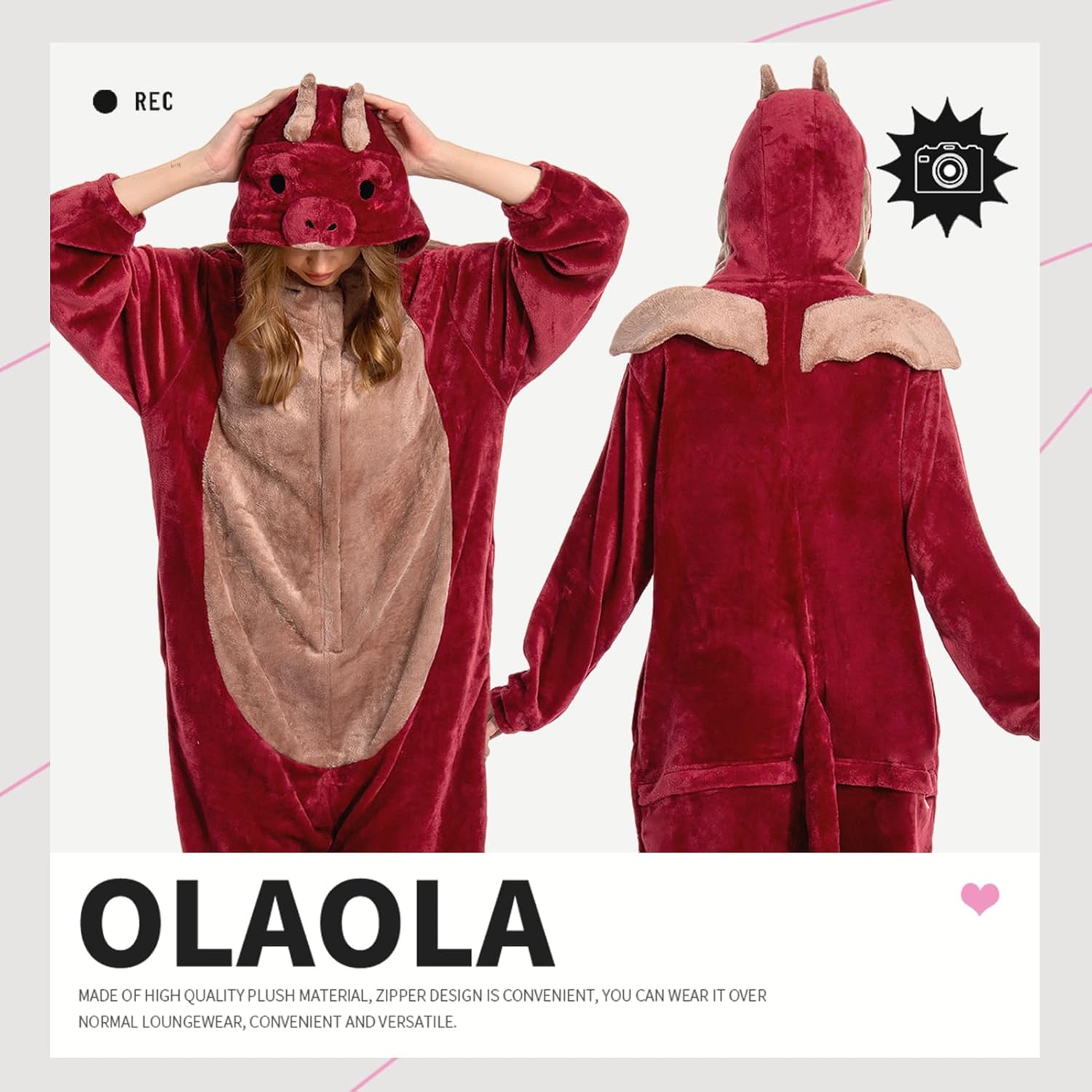 OLAOLA Unisex Adult Plush Red Dragon Animals Onesie Pajamas Warm Home One-Piece Sleepwear